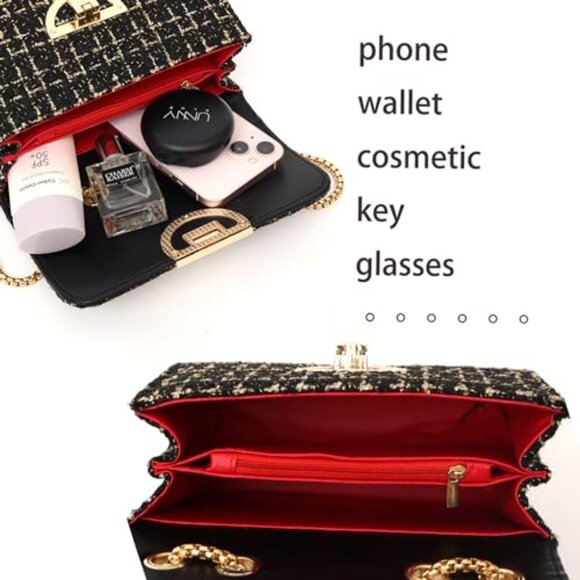 Tweed Leather Clutch Crossbody Bag Elegant Evening Party Wear Adjustable Strap